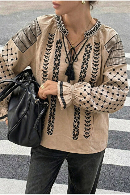 Women's Beige Tassel Collar Embroidered Cotton Blouse with Gathered Cuffs