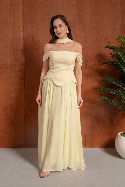 Lafaba Women's Yellow Slim Fit Shawl Collar Strapless Promise Engagement Evening Dress- Trendyol Lafaba Women's Yellow Slim Fit Shawl Collar Strapless Promise Engagement Evening Dress- Trendyol