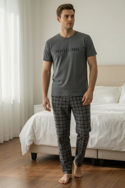 Men's Crew Neck Short Sleeve Plaid Patterned Cotton Summer Pajama Set