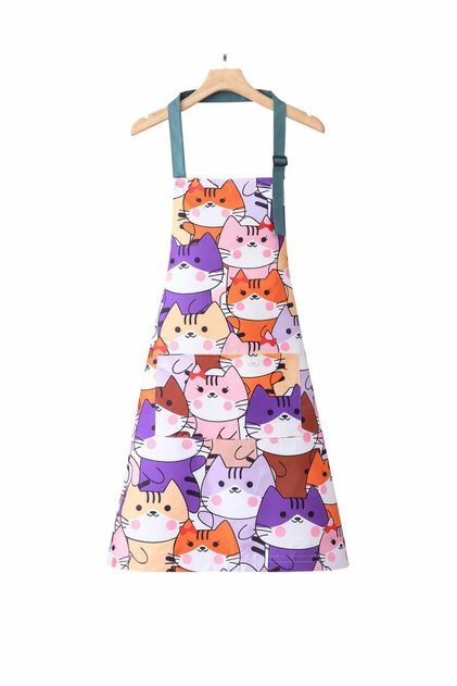 Cat Patterned Kitchen Apron with Pockets and Adjustable Straps Women's Kitchen Cleaning Service Apron Purple