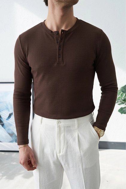 Men's Regular Fit Lycra Henley Buttoned Collar Seasonal Slim Sweatshirt