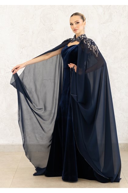 New Generation Navy Blue Long Dress Chiffon Cape Double Set-Kaftan-Bindali-Henna Dress- Wedding