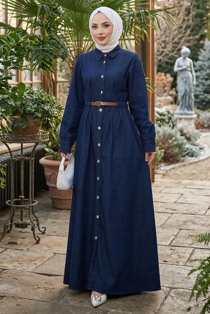 Buttoned Belted Denim Dress Dark Blue Hm2899