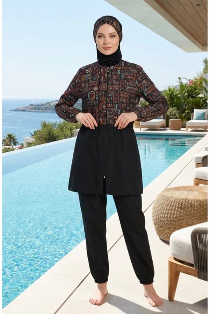 Adjustable Zippered Hijab Swimsuit with Bonnet Gift 1907-01 Brown