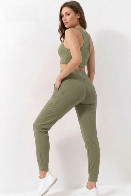 Women's Khaki Double Pocket High Waist Jogger Sweatpants and Zipper Bustier Crop Top Set