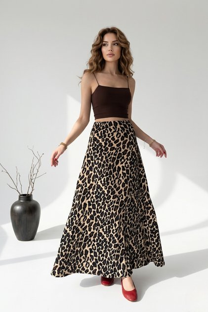 Women's Leopard Printed in Textured Fabric High Waist Maxi Length Flared Skirt