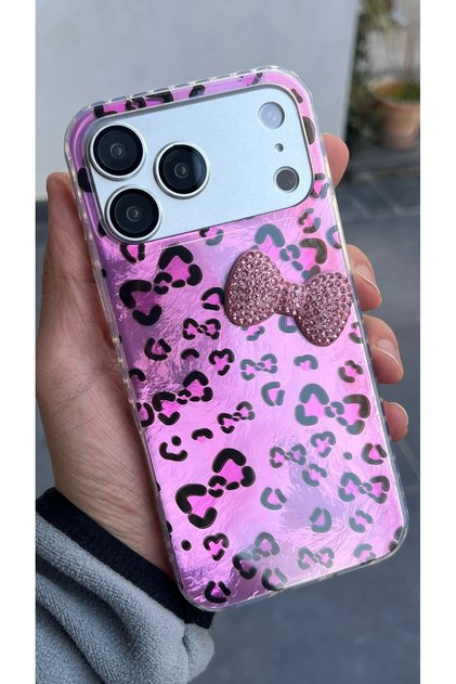 Compatible with iPhone 17 Pro Max / 18 Pro Max - Aurora Mickey Rhinestone Bow Shiny Back Hard Sides Silicone Case