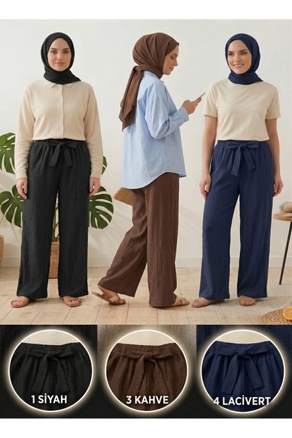 Women's Black Brown Navy Blue 3-Pack Seersucker Elastic Casual Wide Leg Pants Set