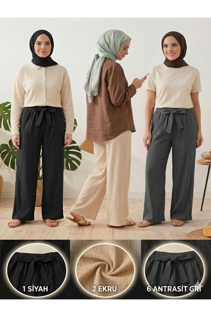 Women's Black Ecru Anthracite Gray 3-Piece Pack Seersucker Elastic Casual Wide Leg Pants Set