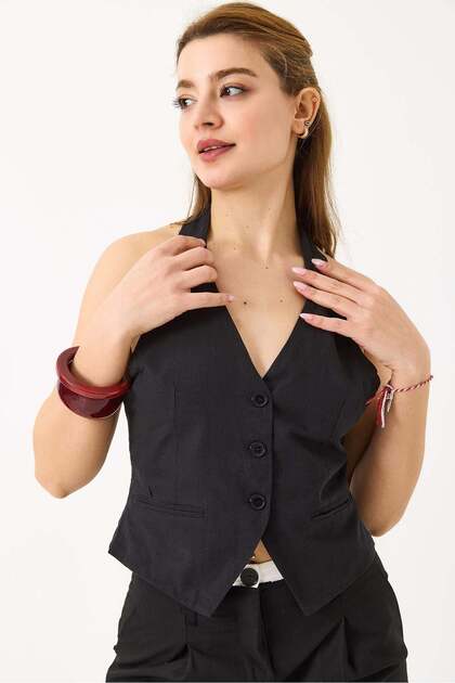 Regular Linen Look Halter Neck Backless Vest Black