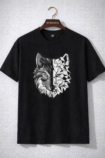 Geometric Wolf Printed Unisex Oversize T-Shirt