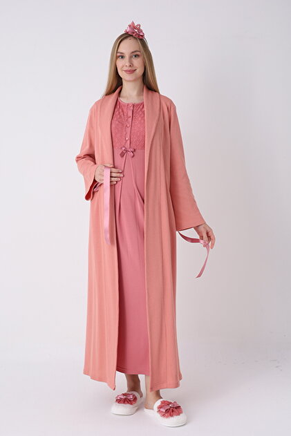 BLACKMORE Women's Dusty Rose Special Lace Detailed Cotton Long Dressing Gown  Maternity Nightgown-Dressing Gown Set of 2- Trendyol