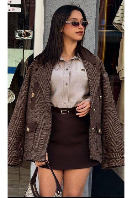 KADIN ACI KAHVE BALIKSIRTI DESEN BLAZER CEKET