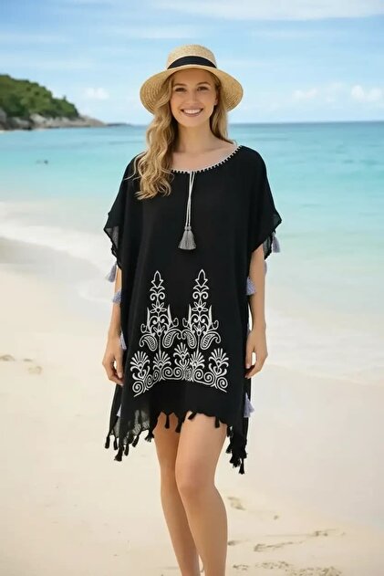 ELTE NOVA SHOPPNG Cotton Black Embroidered Pareo  Cotton Beach Dress  with Loose Fit, Tassel Detail Summer Pareo- Trendyol