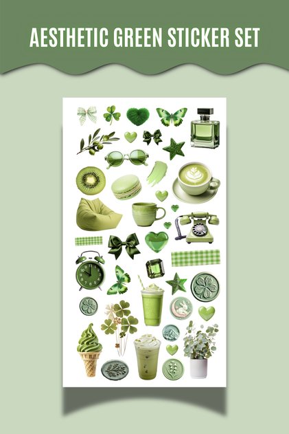 Green Aesthetic Themed Sticker Set 10X20 cm for Bullet Journal and Scrapbook