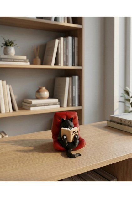 Kitap Okuyan Kedi Figürü kitaplık süsü,tatlı masa süsü siyah kedi, kırmızı koltuklu