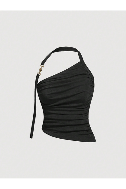 Black Asymmetrical Collar Metal Buckle Crop Blouse Women's Stylish Blouse with Side Ruching Detail, One-Shoulder Gold Accessory