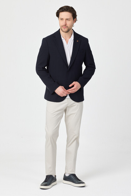 Tommas Men's Navy Blue Fully Lined Slim Fit Sport Blazer Jacket with Cover Pockets and Lycra Seersucker Fabric