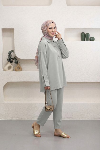 5802 - Stylish, Comfortable, Fine Woven Fabric, Cufflink Detailed, Loose Women's Set