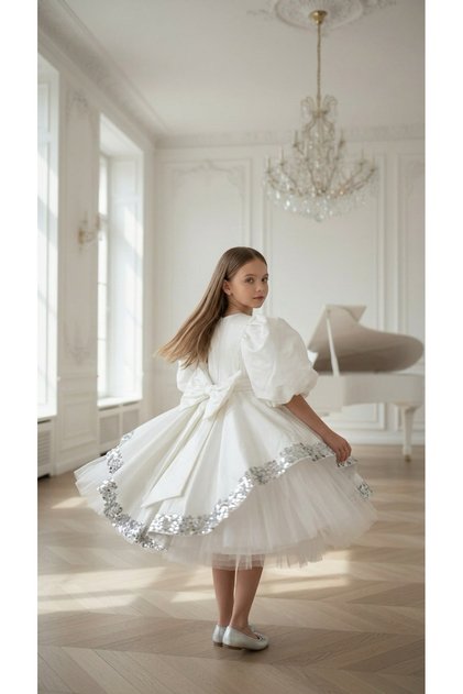 Taffeta Fabric Sparkling Hem Detailed Girls' Evening Dress, Birthday, Graduation
