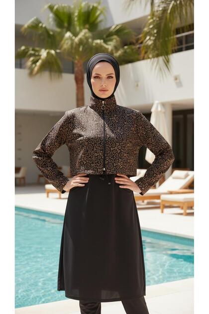 Rimal Full Covered Hijab Swimsuit with Ethnic Pattern, Set of 4 with Bonnet