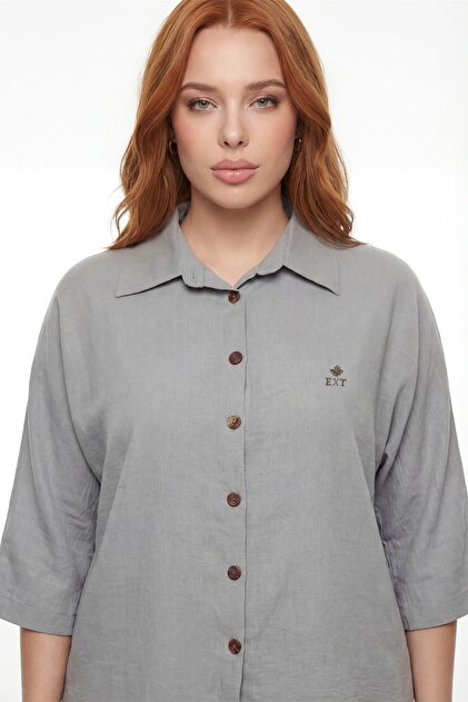 EXİTLİNE Women's Gray Summer Buttoned Top and Bottom Set- Trendyol