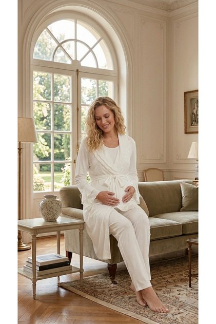 New Season Ecru Summer Double-Breasted Collar Design Short Sleeve Maternity Pajama Set 3-Piece Set