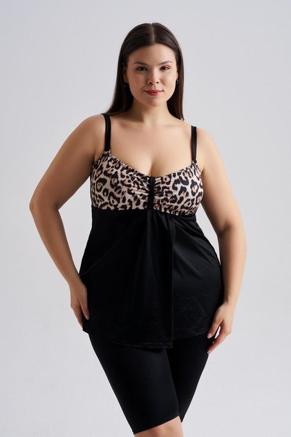 Kadın Büyük Beden Olivia Kruvaze Tankini Siyah Leopar Desen