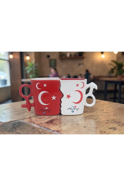 Ay Yıldız Ruh İkizi Tasarımlı Türk Bayraklı 2li Porselen Kupa Fincan Seti – 250 ml Büyük Boy