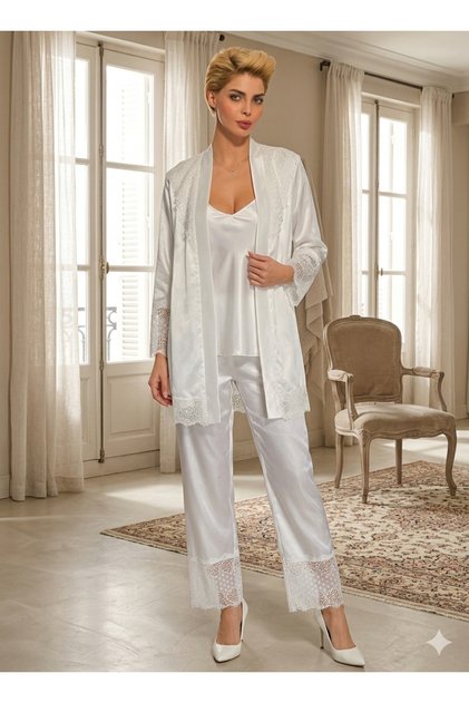 Pearl of Elegance: Lace Embroidered Satin Robe Pajama Set