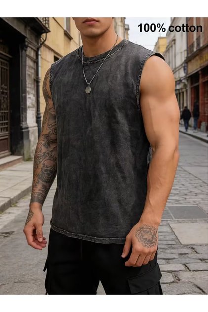 Vintage Acid Wash Boxy Fit Crew Neck Cotton Sleeveless Tank Top