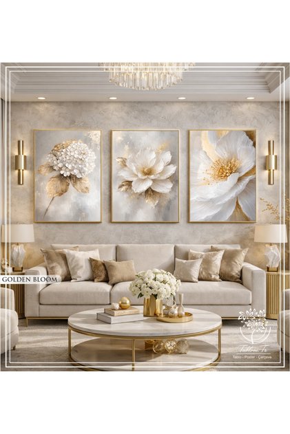 Golden Bloom- Dijital Baskılı Gold Metal Çerçeveli Gerçek Camlı 3'lü Dekoratif Tablo
