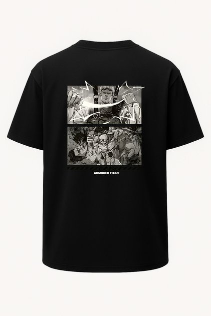 Oversize Armored Titan Attack on Titan Printed Black T-Shirt - Wide Cut