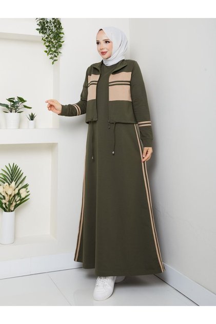 2-Piece Hijab Sports Dress Set – Striped Detailed Two-Yarn Cotton Fabric N-05454 _ Khaki