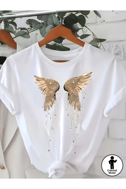 Gold Color Angel Wing Printed Premium Oversize T-Shirt