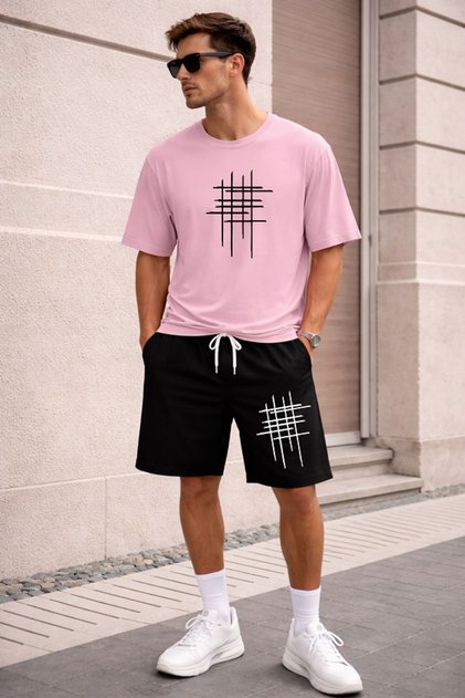 Unisex Oversize Shorts and T-Shirt Set – Minimal Line Patterned Summer Casual Combination