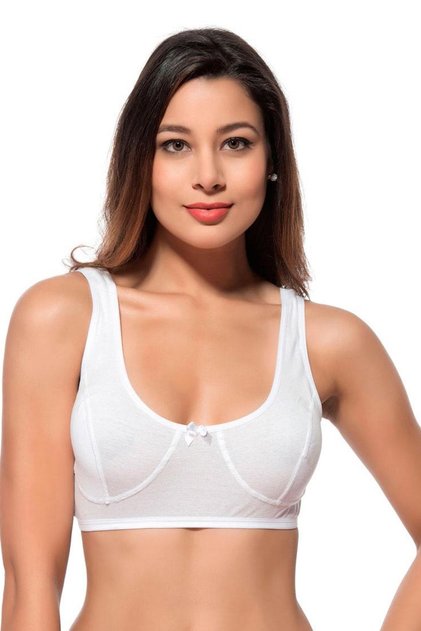 Women's Cotton Ribbed Non-Padded Wire-Free Half Tank Top Bra | White K0564