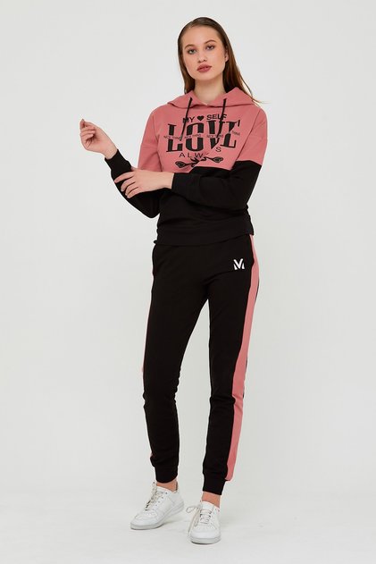 Pembe Kadın Eşofman Takımı Kapüşonlu Baskılı