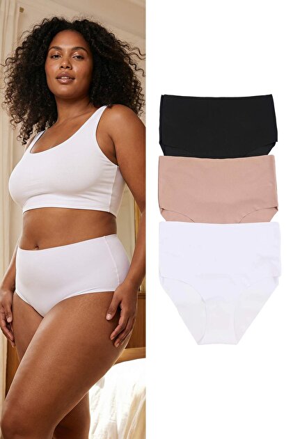 Negru-Multicolor 3-pachet Micro fără cusături /Nu lasă urme L decupare cu laser Hipster Ö din material subțire Chiloți TBBSS26CM00012