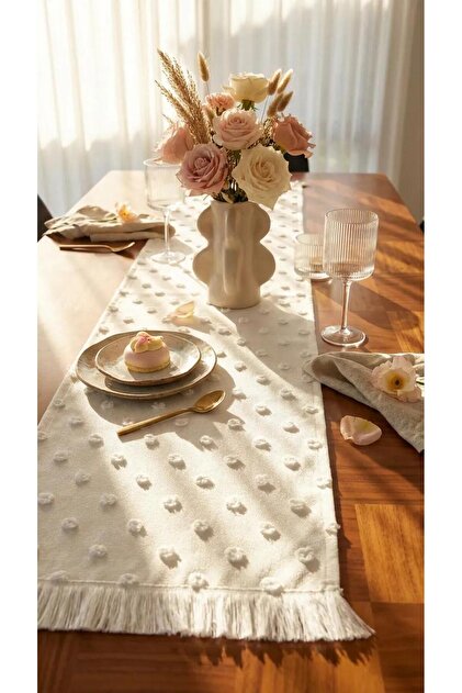 Pompom Textured Decorative Ecru Runner |   40X100 |   Fringe Tassel Stain-Resistant Polyester Runner