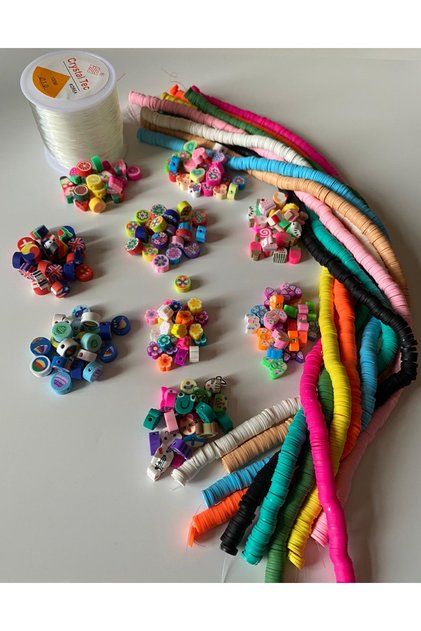10 Renk Fimo Boncuk ile 9 Adet Farklı Figür Boncuk Seti (20 adet) 1-Adet 100 M Lastik Misina