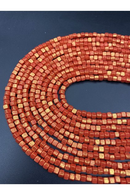 6mm Cube Model Fimo, Brick Red Gilded, Pearlescent, Silvery Fimo Bead String, 40cm String