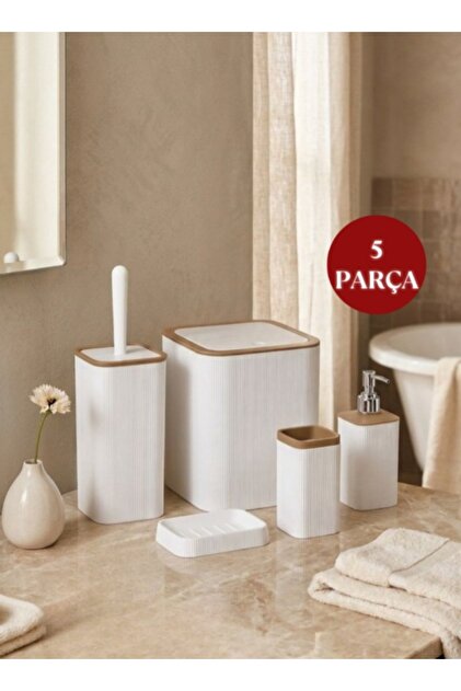Okyanus Home Mina Due Beyaz Çizgili Kare 5'li Banyo Seti - Fiyatı