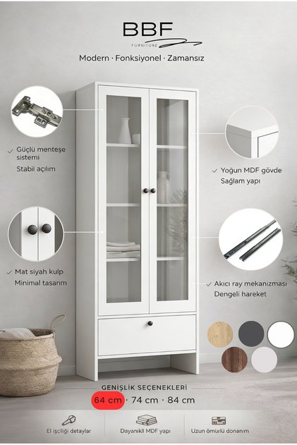 64 cm Cam Kapaklı Vitrin ve Kitaplık – 5 Raflı, Çekmeceli, Çok Amaçlı Dolap | Modern Tasarım