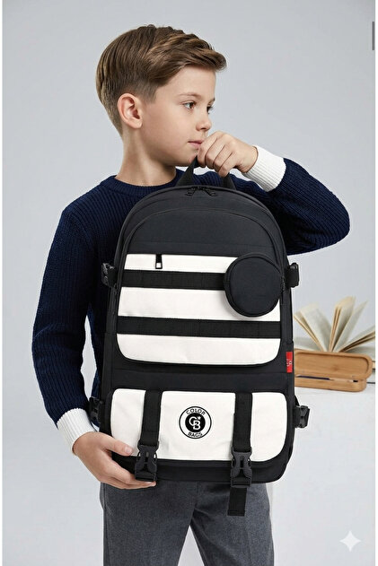 Black and White Striped College Style Backpack (45X31X17 cm)