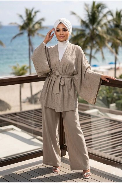 Lita Taşlı Bej Kimono Takım