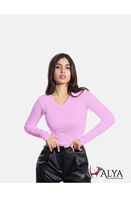 Kaşkorse V Yaka Body Sweatshirt, Fitilli Kumaş Bluz Likralı, Lila Badi