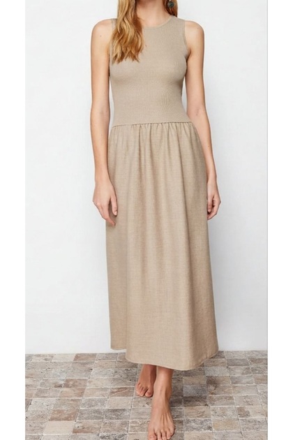 morche Women's A-Line Maxi Brown Linen Look Flared Dress with Skirt-  Trendyol
