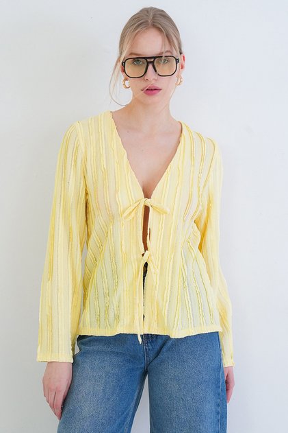 Yellow V-Neck Ruffle Fabric Knitted Blouse with Tie Detail Alc-X15415