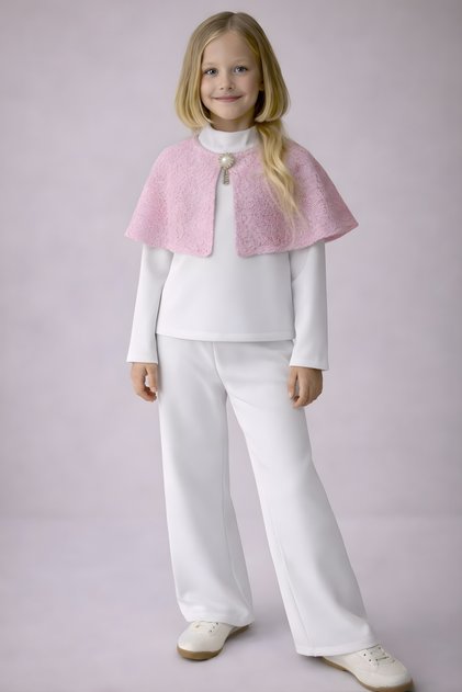 Girl's Suit Set with Cape and Brooch Closure Detail, Cotton 3-Piece Set